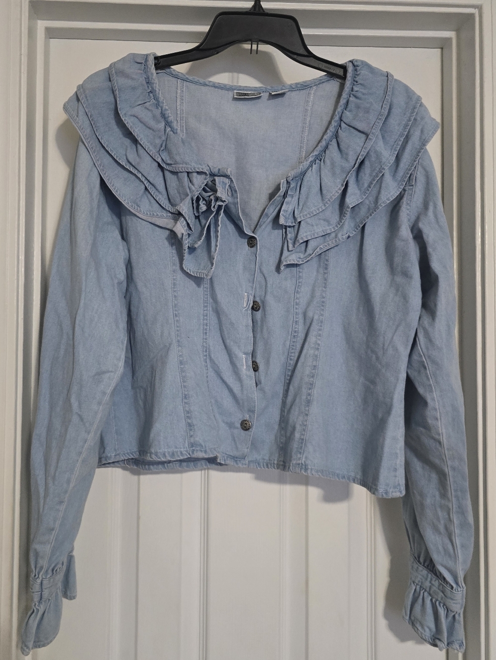 Light Blue Ruffle Collar Denim Button-Down Blouse